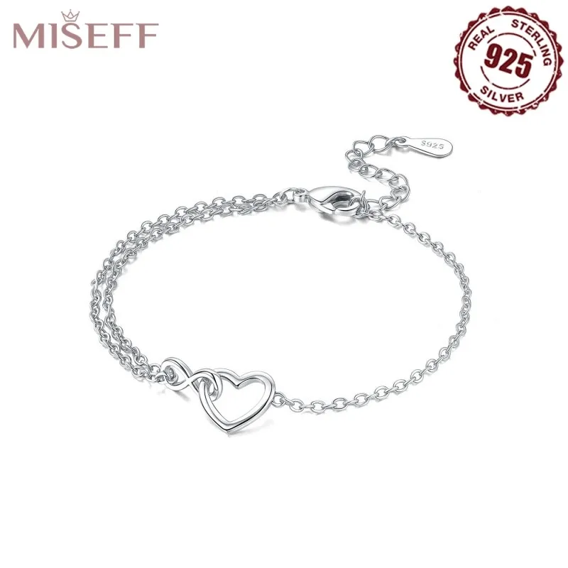 

MISEFF Bracelet 925 Sterling Silver Original Simple Dissymmetry Heart Shape Zircon Bracelets DIY Charms Jewelry Women Gifts