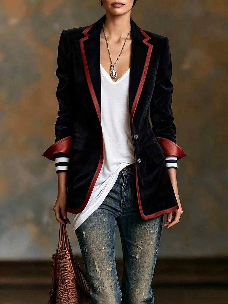Winter Fashion Color Clashing Outercoats 2026 Autumn Elegant Lapel Single breasted Blazer Women Casual Long Sleeve Commute Coat
