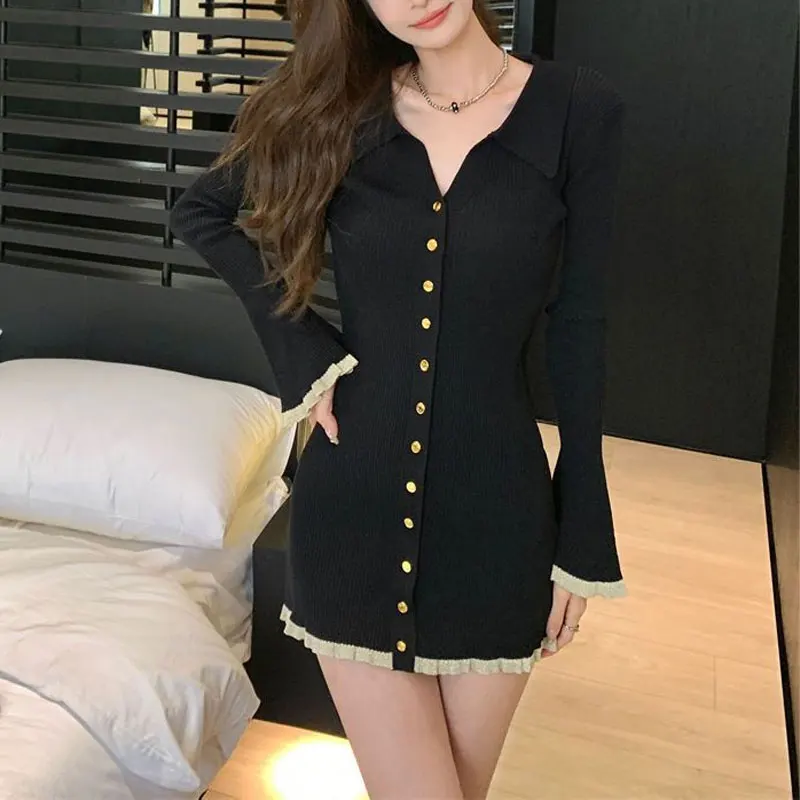 Female Clothing Slim Bag Hip Mini Dress Autumn Winter Fashion Lace Spliced Basic Solid Color Waist Hotsweet Long Sleeve Dresses