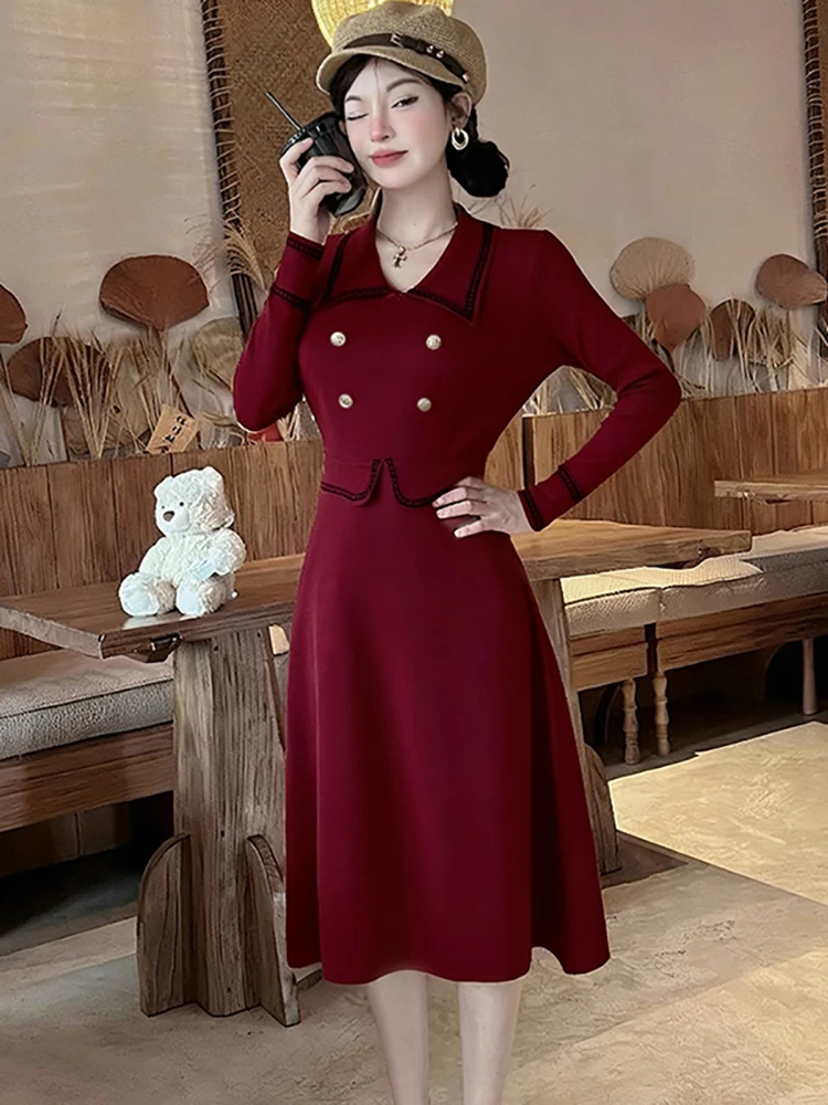 Vrouwen Rode Gebreide Polo Kraag Midi Jurk Met Lange Mouwen Herfst Winter Elegante Casual Thuis Jurk 2025, Koreaanse Mode Bodycon Jurken