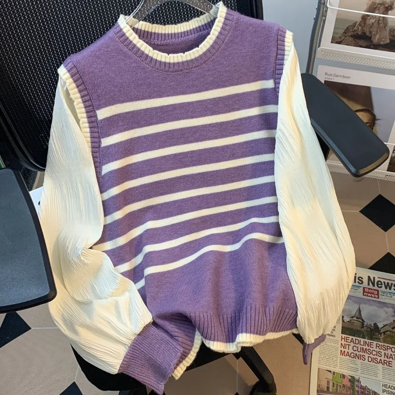 

2023 Spring New Women's Pullover Striped Fake Two Piece Long Sleeve Knitwear Loose and Versatile