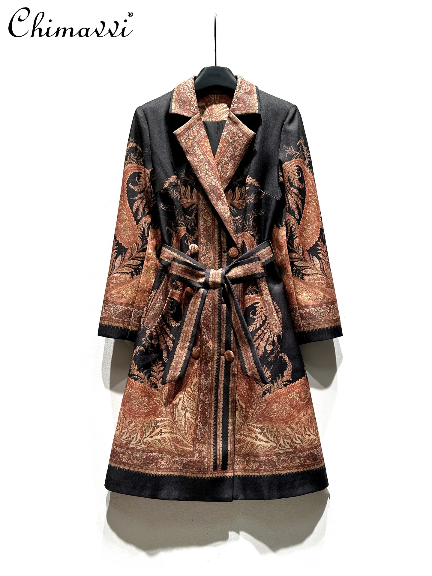 

2025 Autumn Winter New French Retro Printed Lace-Up Slim Fit Trench Coat Women Mid-Length Fashion Elegant Long Sleeve Coat