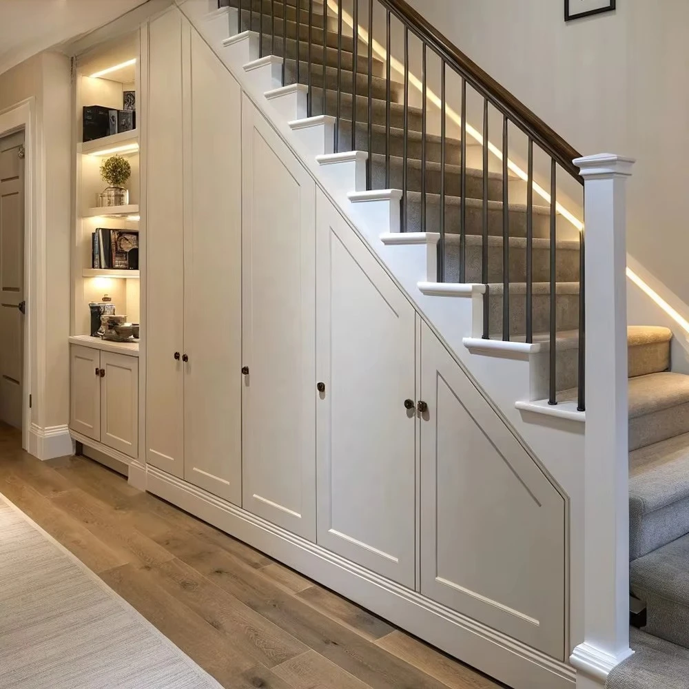 

Pantry ceiling installation stairs wooden shoe rack storage under stairs cabinet