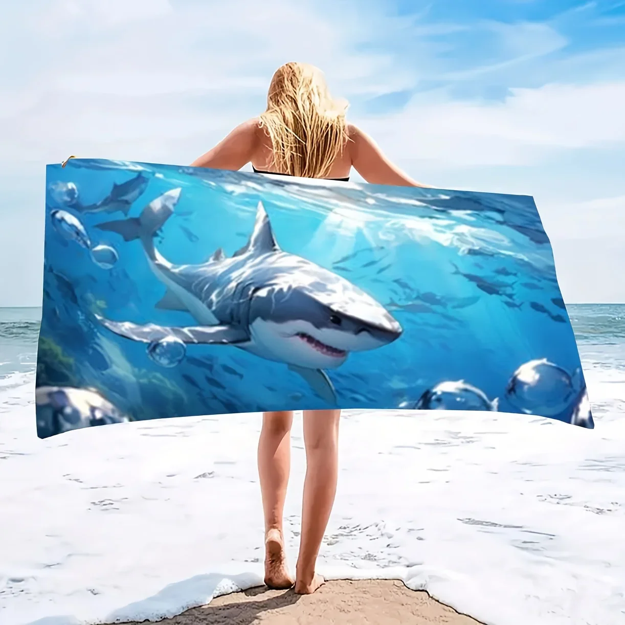 Oceanic Shark Print Bath Towel - Ultra Soft, Quick Dry, Breathable, Comfortable Design, Perfect for Summer Vibes and Beach Days