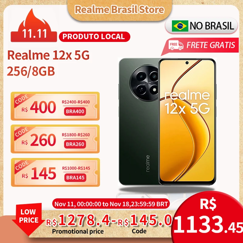 Celular Realme 12x 5G 256/8GB| Envio do Brasil | Smartphone 5G, ROM Global, Processador Dimensity 6100 Plus, Carregador 15W