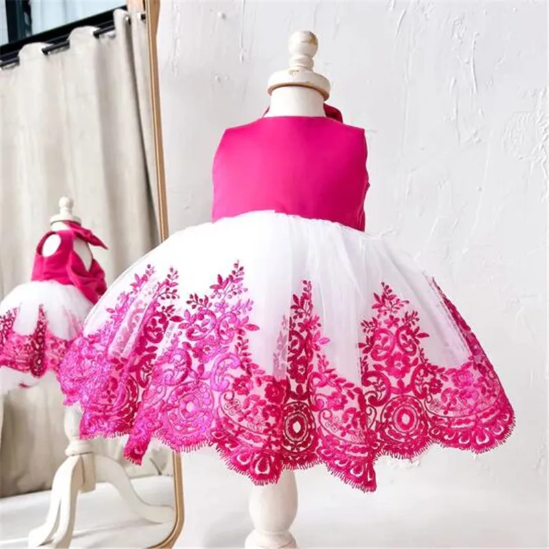 

Fuchsia Lace Appliques Flower Girl Dress Scoop Neck Sleevesless Toddler Birthday Dress Party Gown First Celebration Event