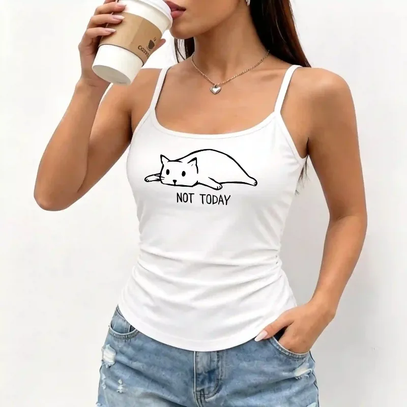 Women Lazy Cat Not Today Letter Print Spaghetti Strap Tank Top  Y2K Funny Animal Graphic Casual Daily Going Out Summer Vest