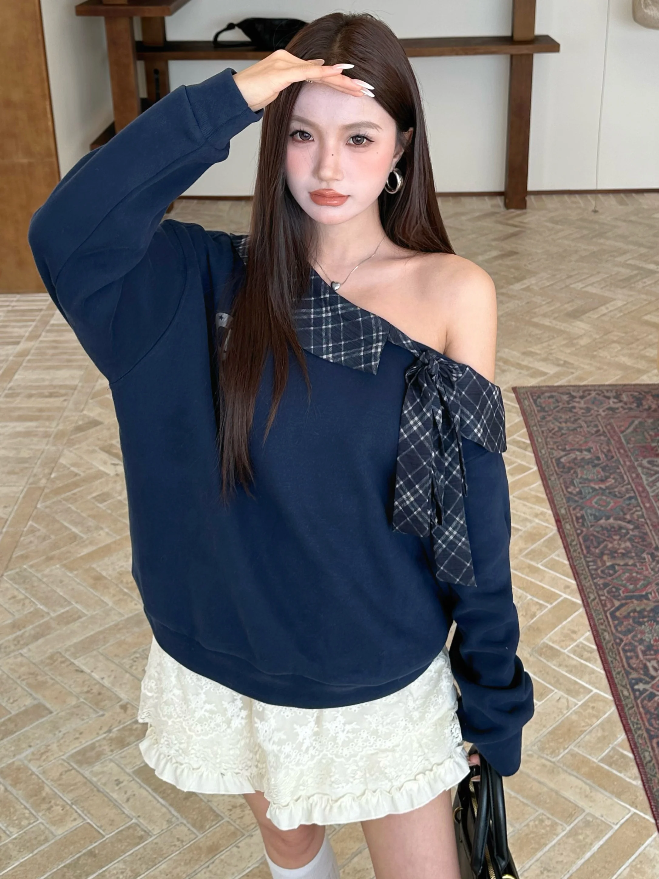 

ICYNUDE Store oulder-baring Fce-lined Loose Long-sve Slimming Top Autumn New Sle Comfortable Cotton Polyester Hoodie