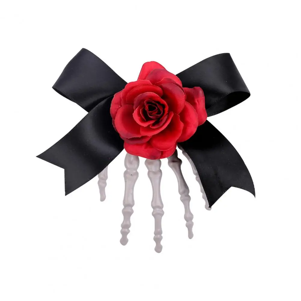 Hairpin Halloween Hair Accessory Dark Style Halloween Hair Pin Skeleton Hand Frame with Artificial Rose Flower Bow for A