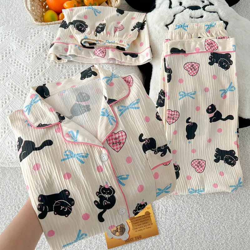 Female Short Sleeve Lapel Cute Black Cat Print Homewear Women Summer Thin Pajamas Three-piece Set Comfortable Leisure Sleepwear