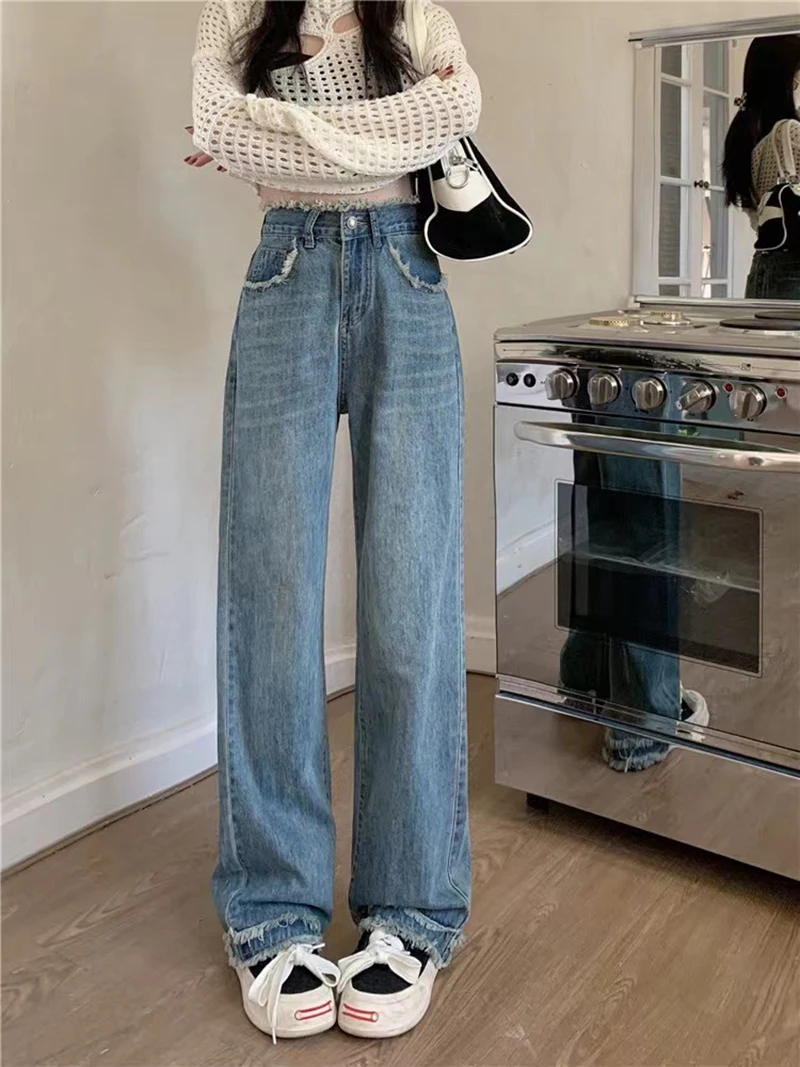 

Spring Autumn Tassel Women Wide Leg Pants Korean Style Loose High Waist Straight Jeans Fashion Simple Office Lady Casual Trouser