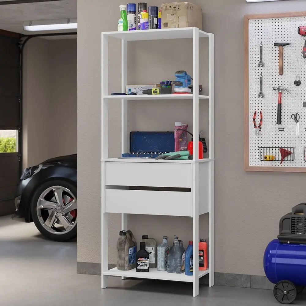 

Белый многофункциональный шкаф для хранения с 2 выдвижными ящиками и 3 открытыми полками для организации гаража