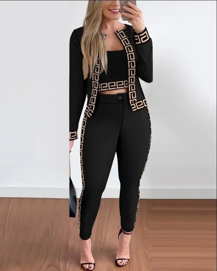 

Fashion Slim Print Suit For Women Short Style Vest Long Sleeve Cardigan Elastic Waist Trousers Three-piece Set 2024 Autumn New