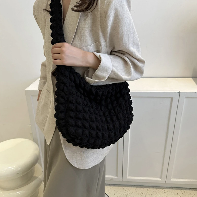 Large Capacity Shoulder Bag Embroidered Plaid Quilted Crossbody Bag Underarm Bag Tote Bag Pleated Bubbles Handbag