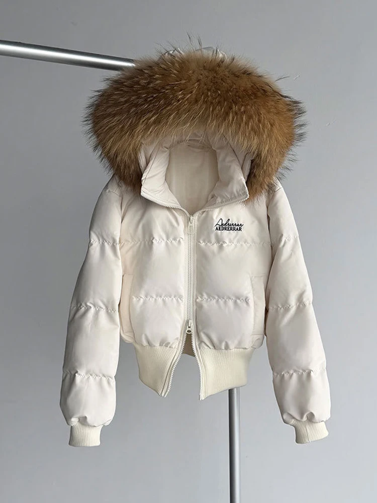 

Winter Natural Large Fur Collar Short Down Jacket Women White Duck Down Detachable Hood Parker Outwears Female Thick Warm Jacket