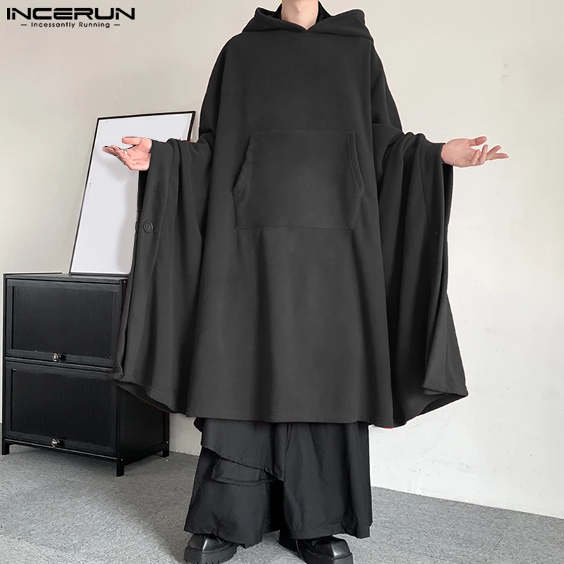 INCERUN Men Loose Solid Color Cloaks 2024 Casual Korean Style Simple Trench Handsome Buttons Leisure Commuting Tops Male Coats