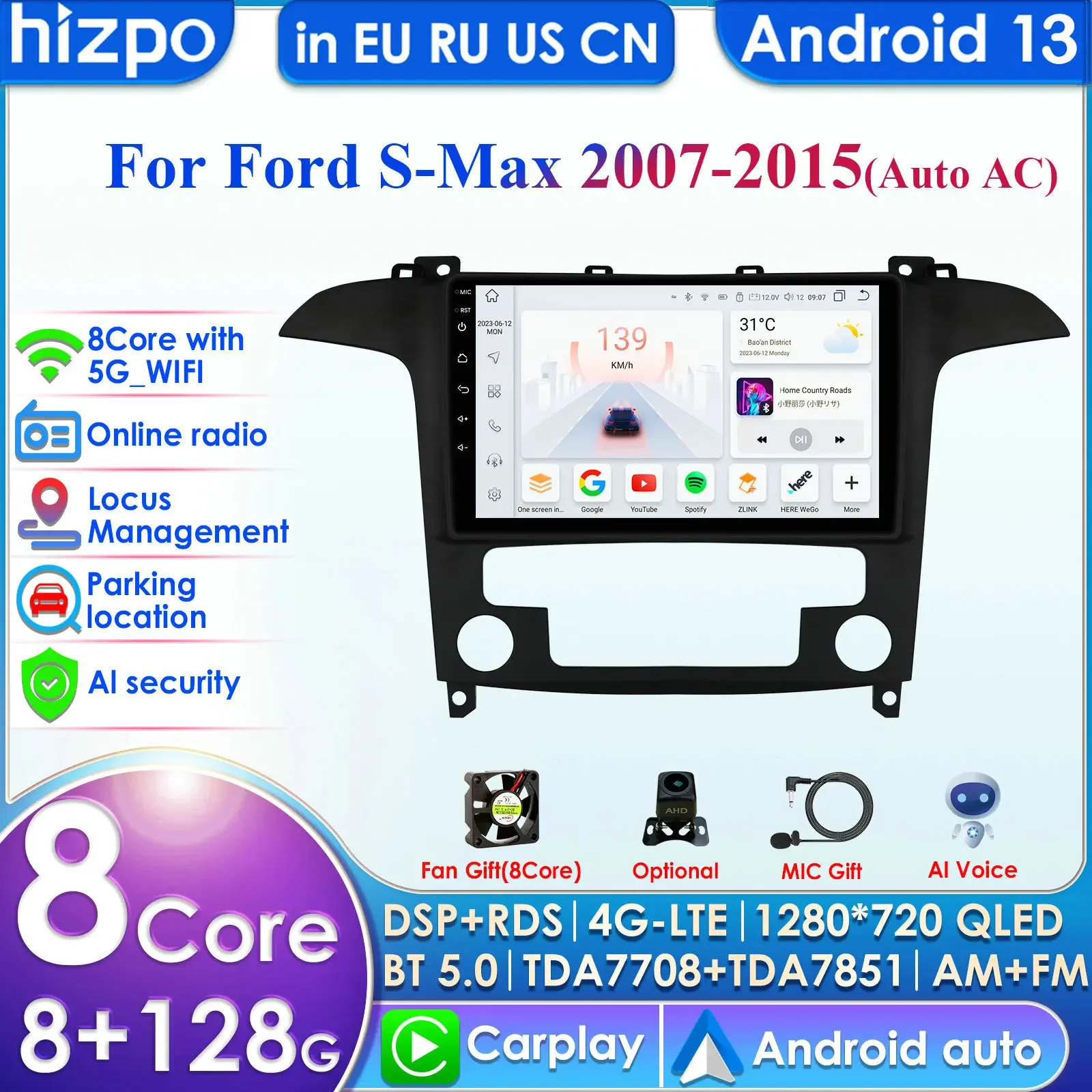 

Hizpo Carplay 4G 360 Camera Android 13 Car Radio for Ford S-Max 2007 - 2015 Auto AC Multimedia Video Player GPS 2din Autoradio