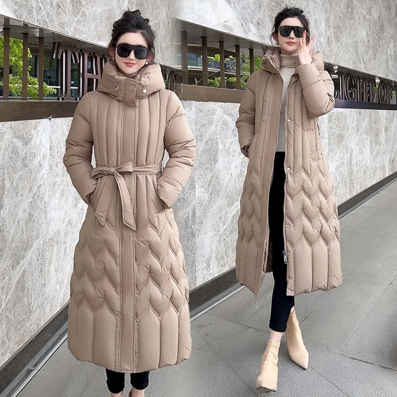 

Зимняя женская куртка-парка на шнурке, однотонное стеганое пальто с воротником-стойкой и капюшоном для женщин, длинное женское пальто в Instagram-стиле