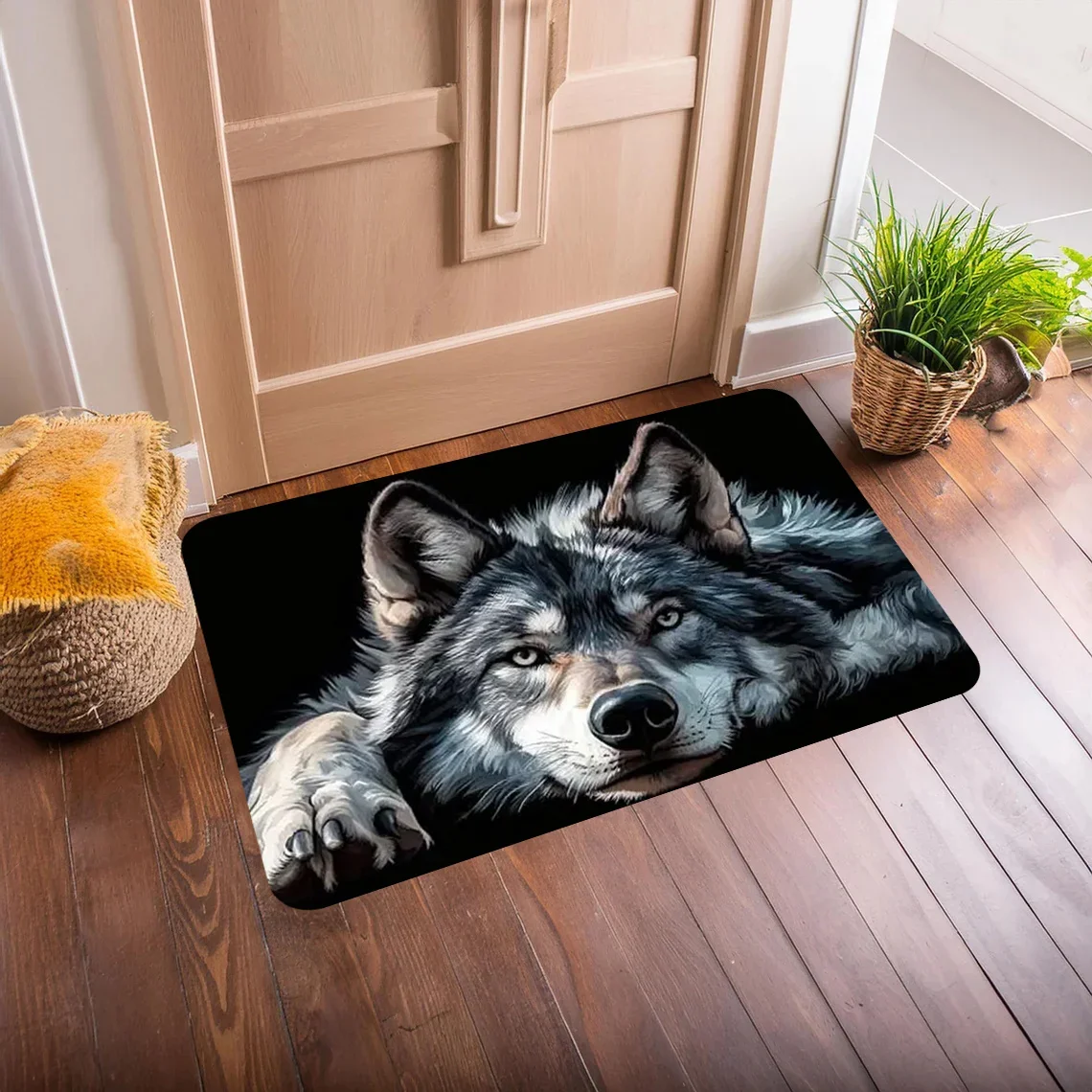 2D Flat Realistic Wolf Head Black Background Flannel Area Rug Non Slip Wildlife Carpet For Living Room Bedroom Decor