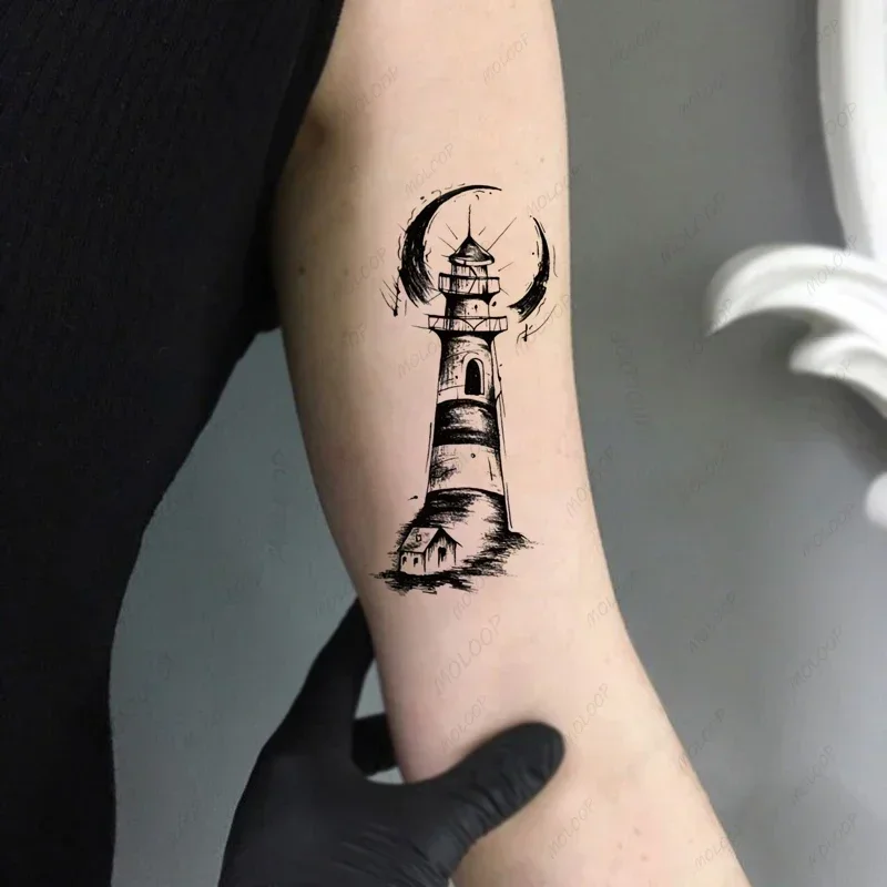 Tattoo Sticker Lighthouse Moon Building Beacon Hand Waterproof Temporary Men Women Fake Tattoos Makeup Body Art