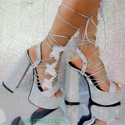 Босоножки Crystal Bling Bling с ремешками-бабочками, сексуальные, серебристые, блестящие, на платформе, с массивным каблуком, на высоком каблуке, с ремешками на щиколотке, летние модные туфли
