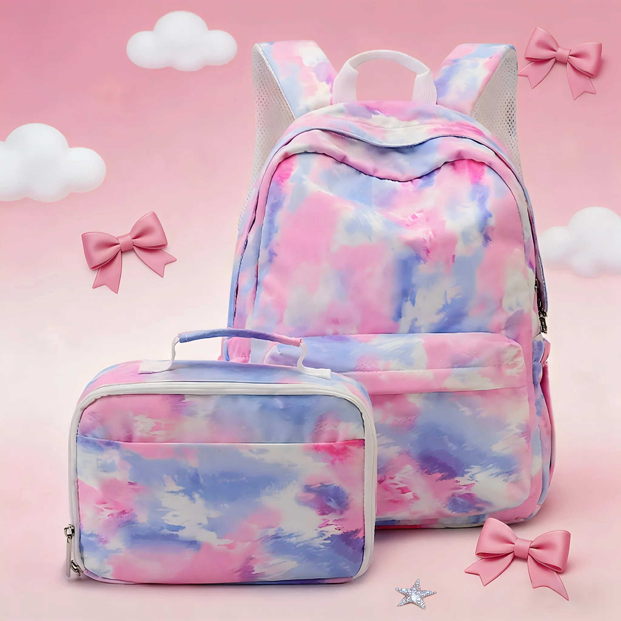 TINYAT 2026 New 2pcs Cloud patterns Backpack Lightweight Breathable Outdoor Capacity School Bag Women Travel
