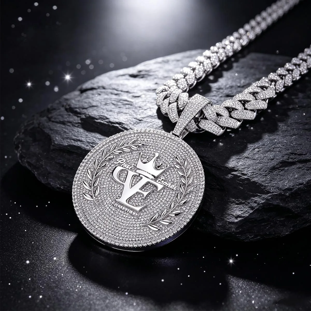 18K Gold Plated Oversize Hip Hop Iced Out Custom Round Big Medallion Pendant Matching Cuban Link Chain Statement Necklace Gift For Rap Fans Streetwear Club Party Shiny Street Charm Crown Wheat Wreath Full Paved Sparkling Zircon Bling Rapper Men Jewelry