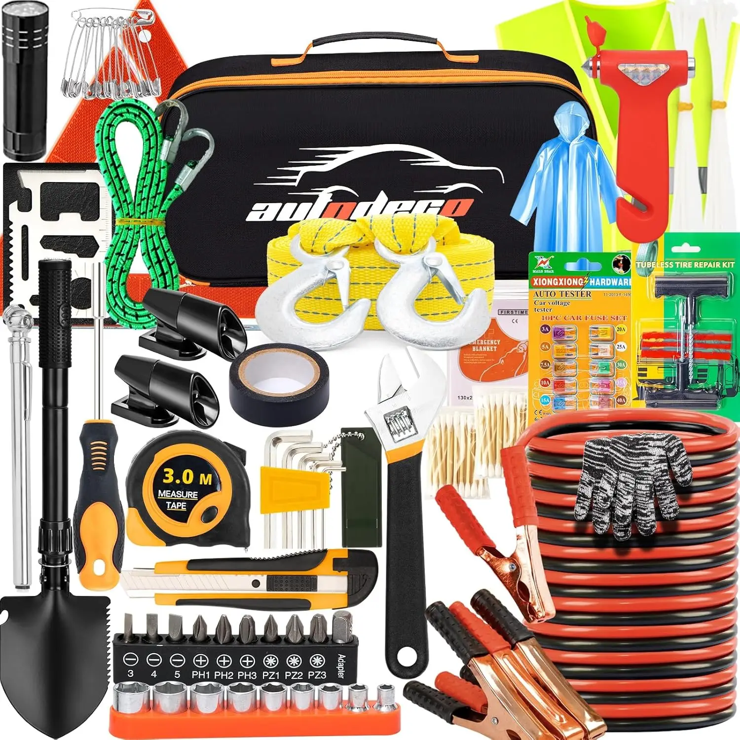 

82Pcs Car Emergency Kit with Jumper Cable, Shovel - Automotive Safety Roadside Assistance