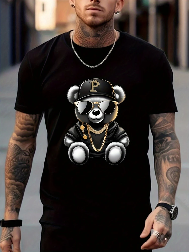 

Men's T-shirts, sunglasses, bear prints, 100% cotton short-sleeved T-shirts, summer casual wear.
