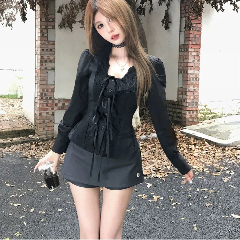 Coquette Zwart Kant Applicaties Vrouwen Shirt Lace Up Lange Mouw Koreaanse Mode Blouses Slanke Effen Kleur Gyaru Sexy Lente