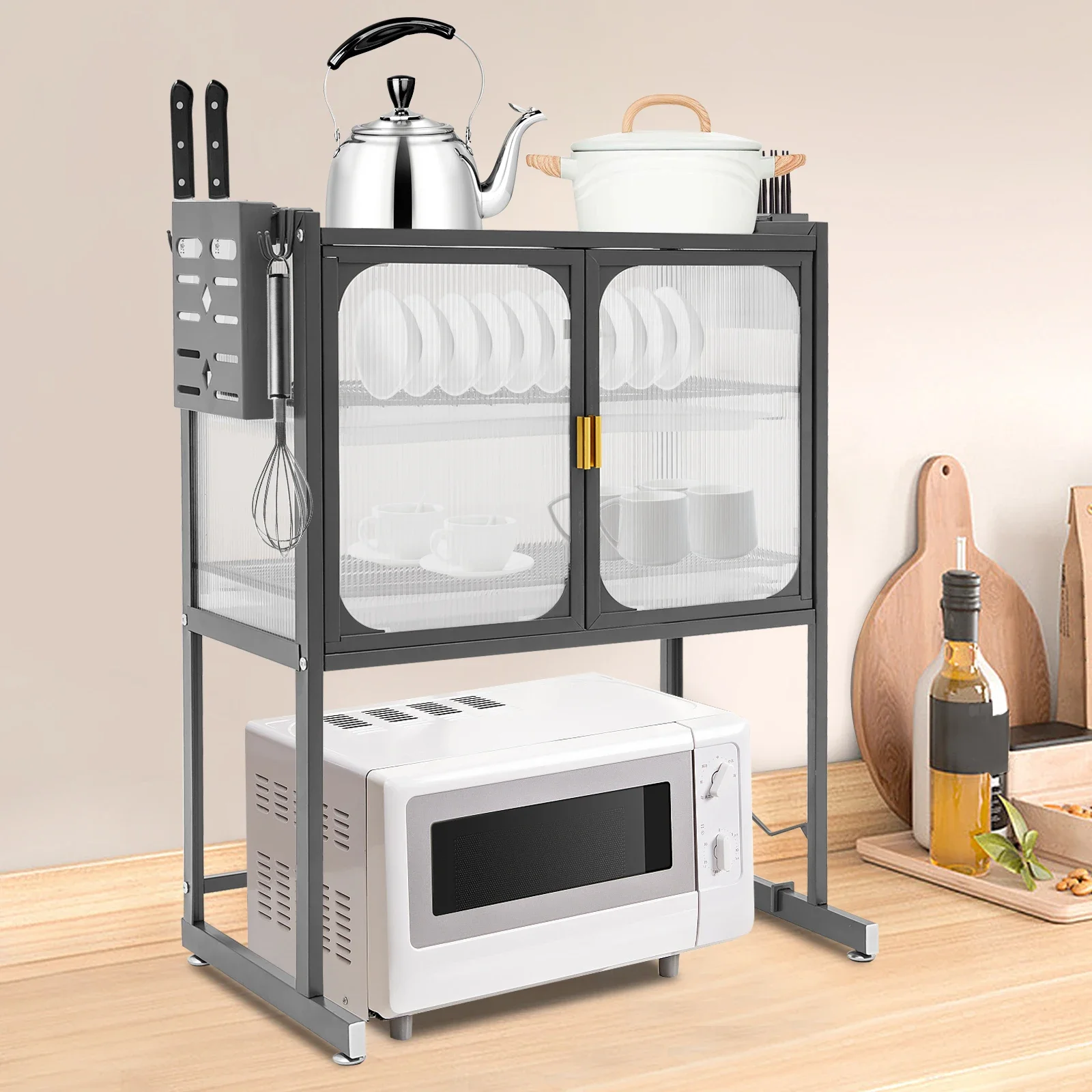 

Кухонная полка для микроволновой печи с шкафом для хранения 3-уровневая кухонная полка для хранения с дверцей шкафа Многофункциональная столешница для хранения