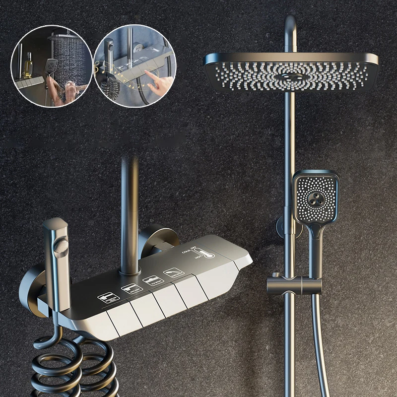 

Solid Brass Gun Grey Shower Set Thermostatic Pressure Boosting Piano Key Mixing Valve Rainfall Showerhead Bathroom Upgrade