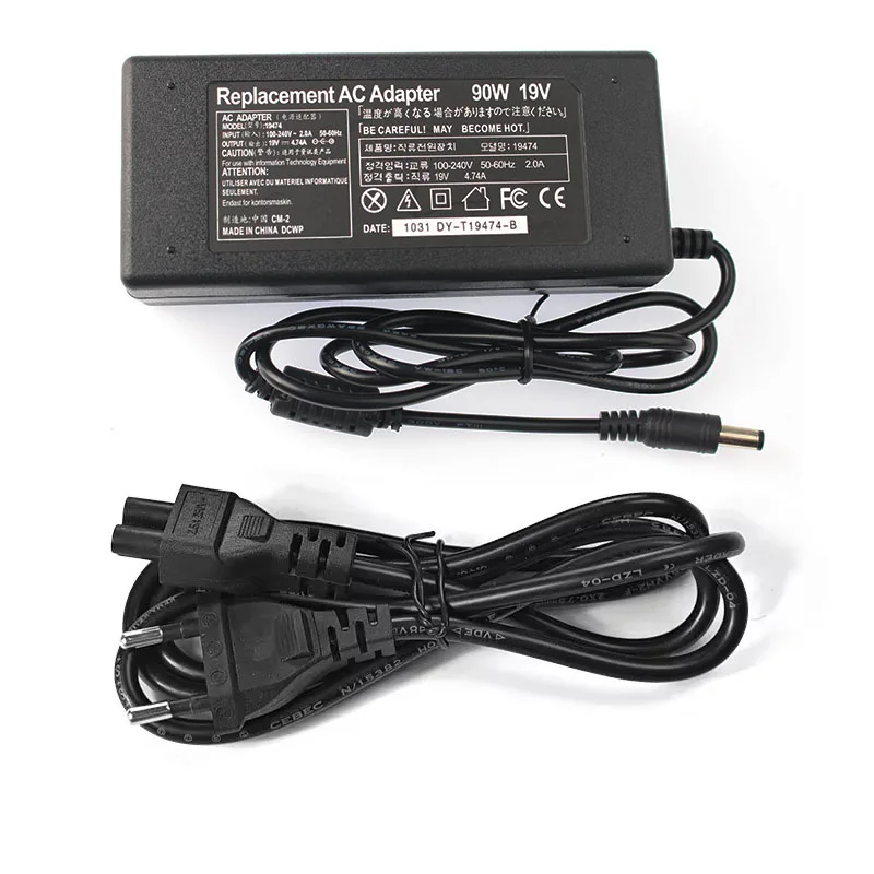 Fonte de alimentação para carregador de laptop, ac dc 19v 4.74a 90w para asus toshiba/lenovo adaptador a46c x43b a8j k52 u1 u3 s5 w3 w7 z3 notebook