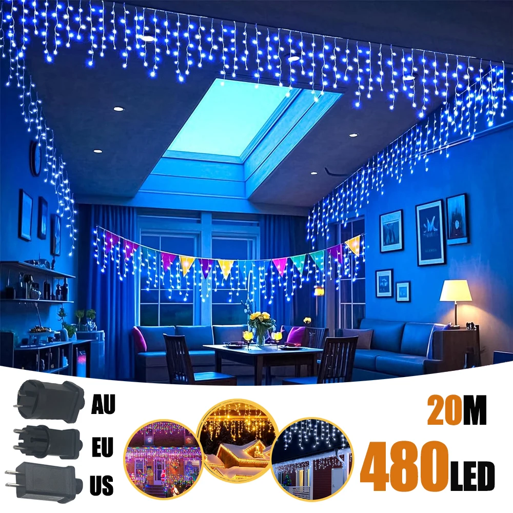 

20M 480LED Christmas Icicle String Lights 96 Drops 8 Modes, Plug in Curtain Waterproof for Holiday Wedding Party Home Garden