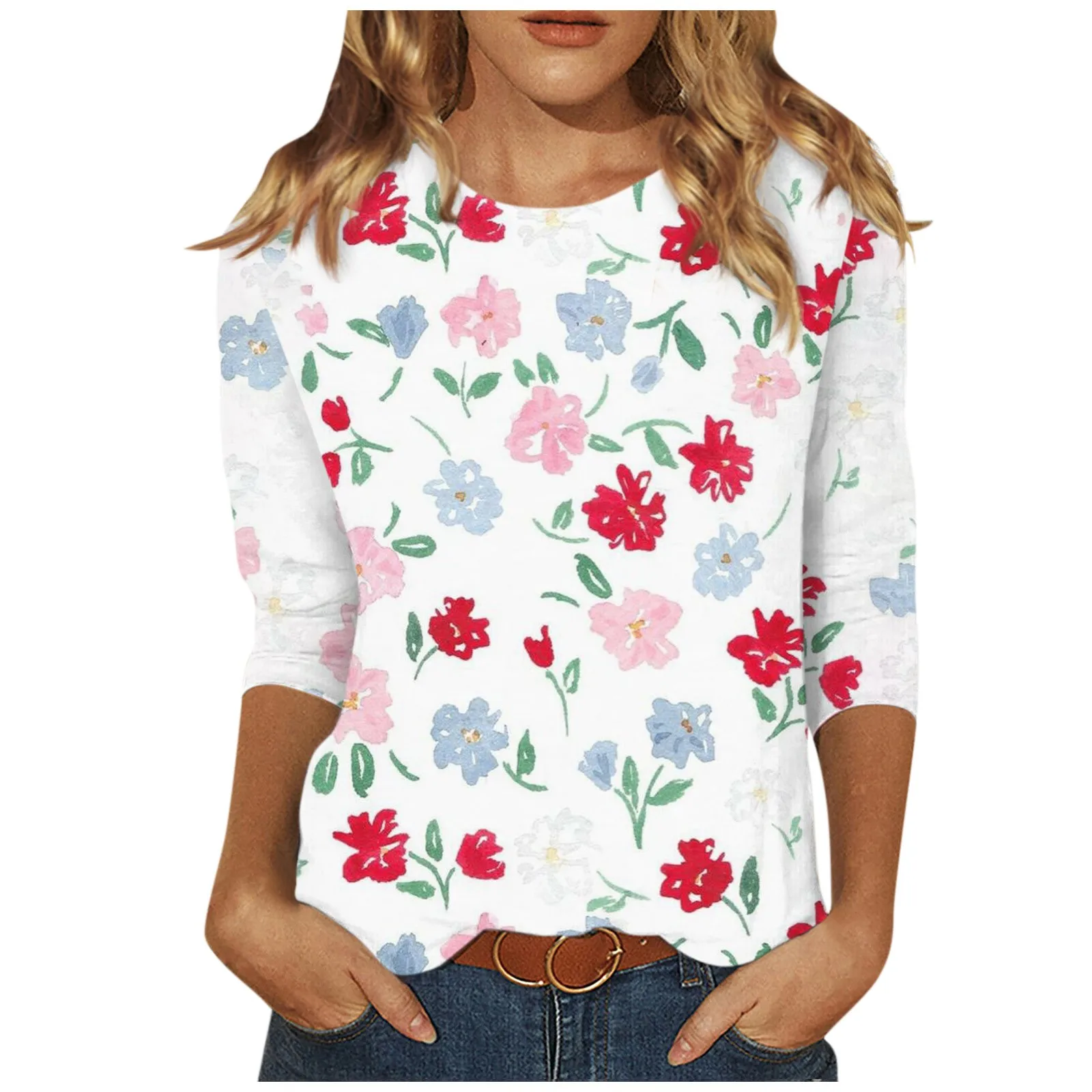 بلوزة نسائية مطبوعة نباتية ، قمصان نسائية ، رقبة مستديرة ، أكمام ، موضة فريدة ، ملابس صيفية ، Y2K ، مقاس كبير