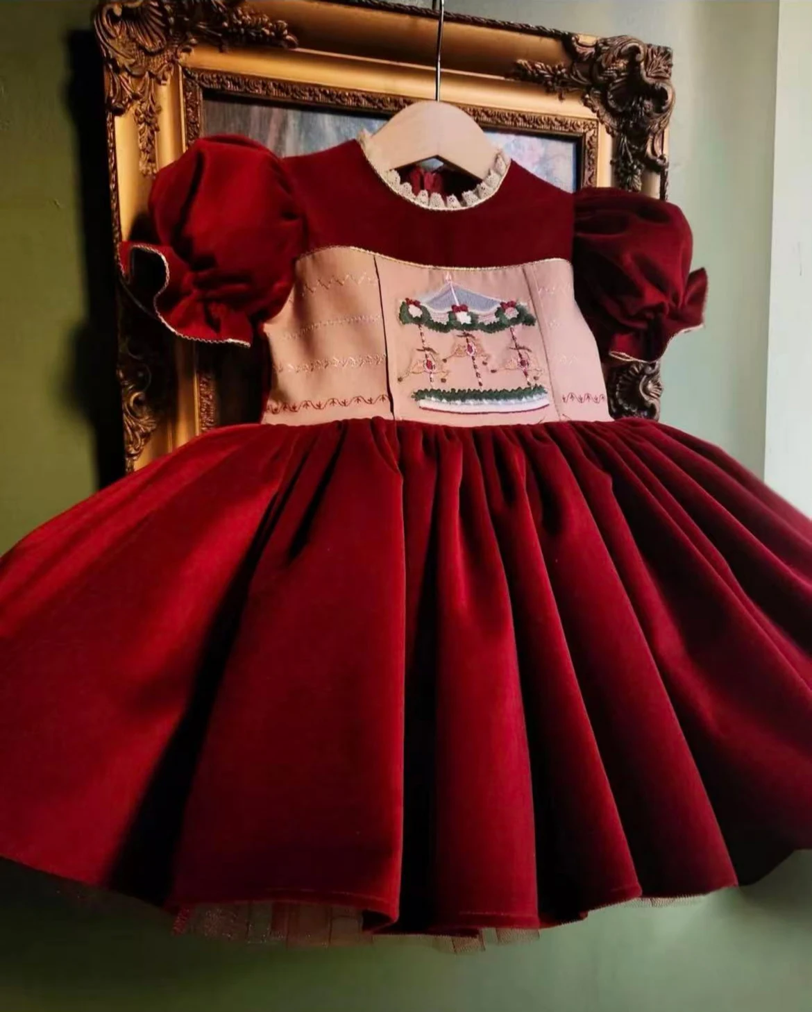 

0-12Y Baby Girl Summer Merry-go-round Embroidery Vintage Princess Red Dress for Birthday Photography Holiday Eid Christmas B456