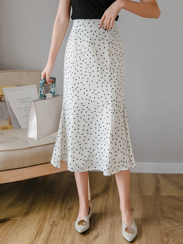 

Fashion High Waist Bodycon Pencil Skirt Women Elegant OL Polka Dot Print Falda Midi Elastic Waist Chiffon Long Fishtail Skirts