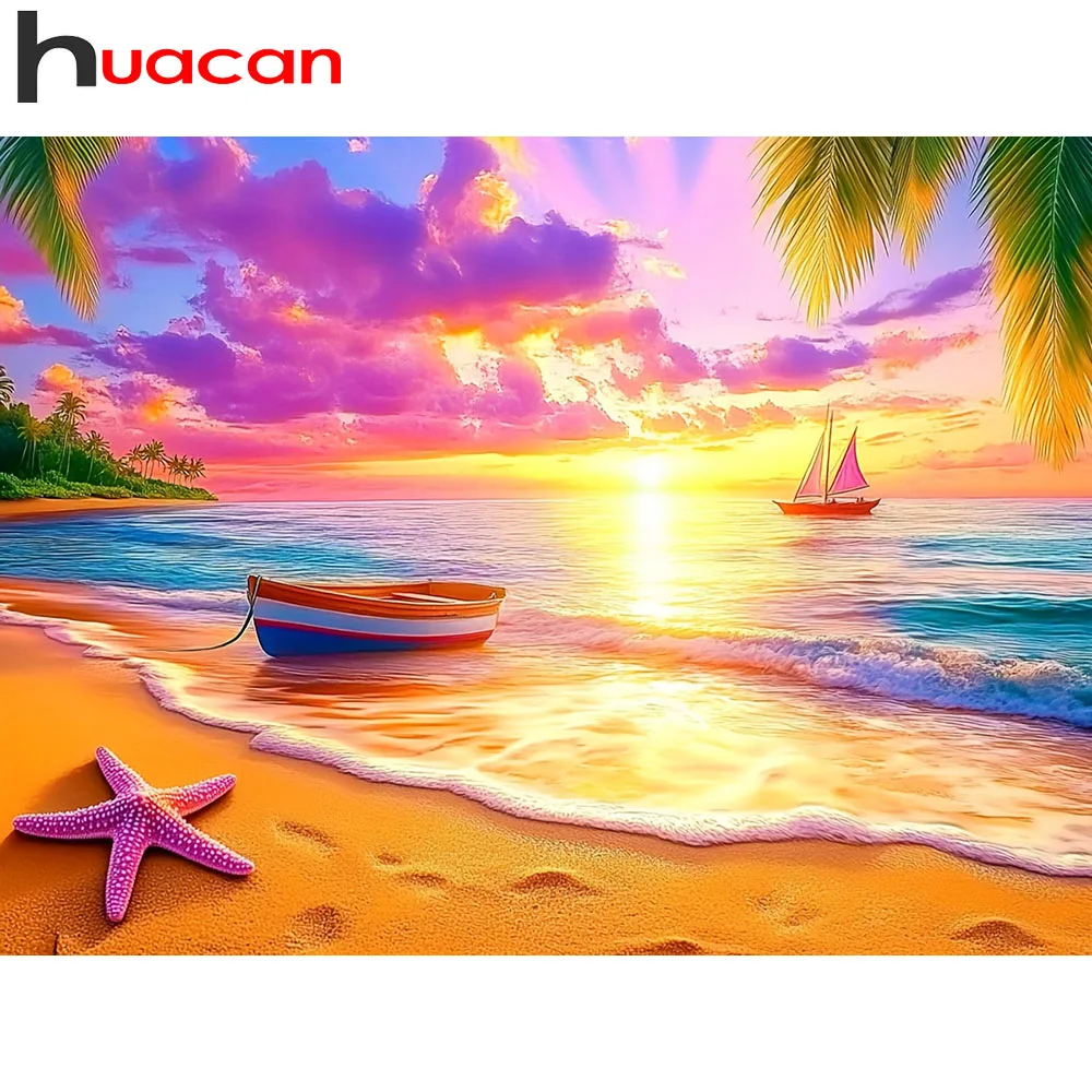 Huacan 5D DIY Diamantmalerei Sonnenuntergang am Meer Boot Diamantstickerei Landschaft Neu 2026 Dekorative Gemälde