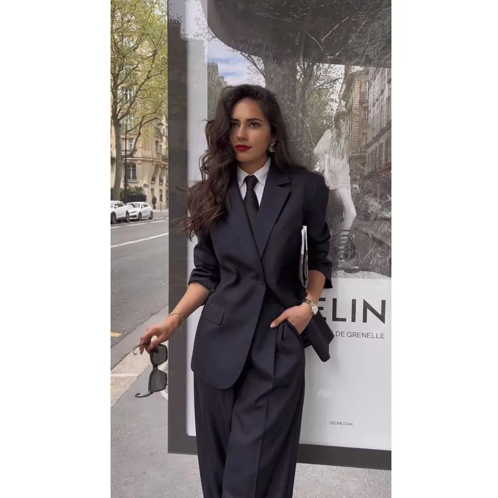 Fashion Chic Classic Black Women's Suits Notch Lapel Two Piece Jacket Pants Female Clothing Formal Office Lady Blazers Sets