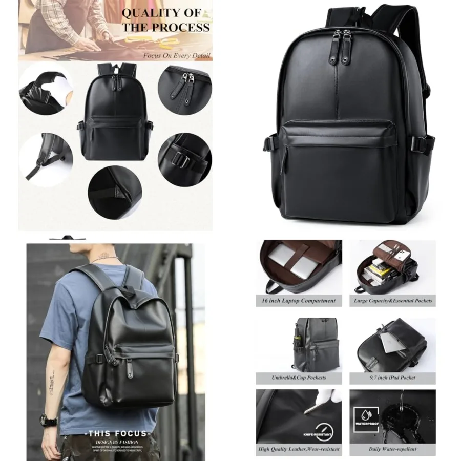 

Pu Leather Laptop Backack For Men Women Classic Water-Resistant Purse Airplane Travel Backpacks Work Business Bag Black