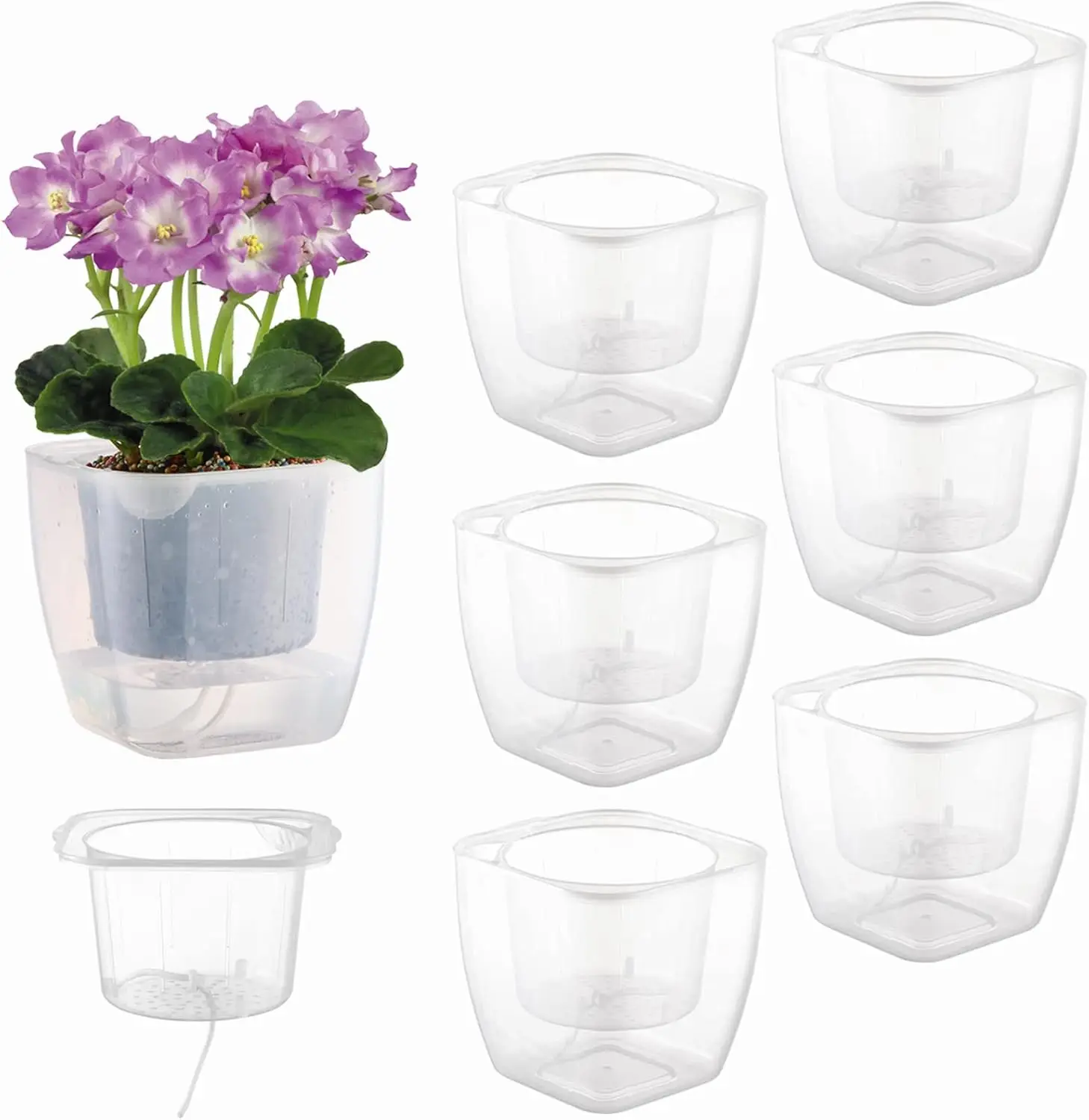 

6-Pack 7 Inches Clear Self Watering Planters for Indoor Plants Large African Violet Plant Pots Plastic Wick Flower Pots