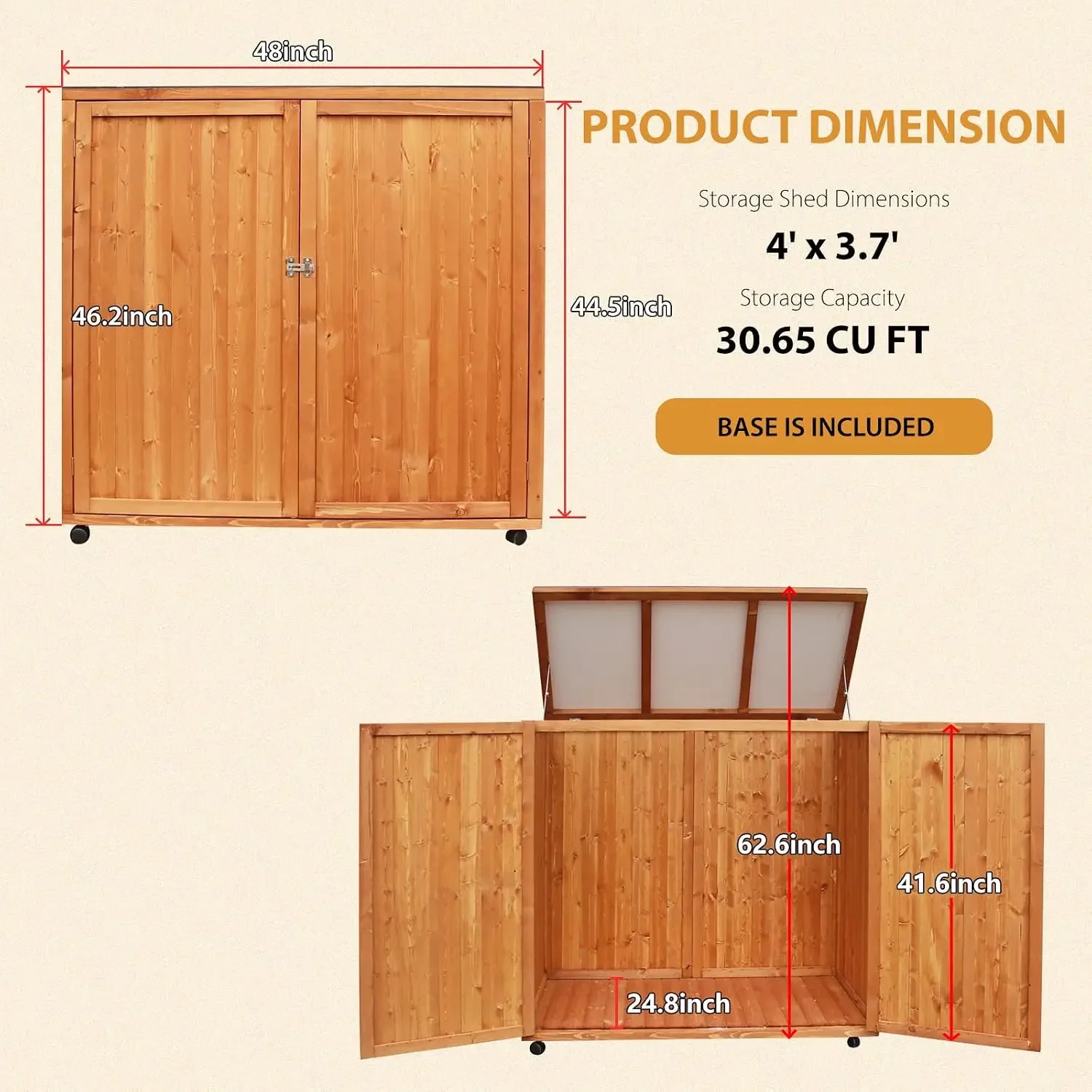 4' x 3.7' Outdoor Trash Can Storage Cabinet, Wooden Outdoor Garbage Shed, Trash Can Cabinet with Lockable Door & Removable Wheel