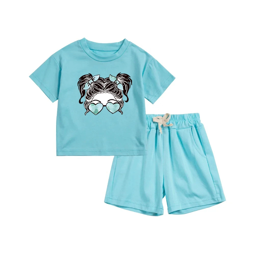 Cute Summer Children's Casual Short-sleeved Shorts Set With Loose Print Short-sleeved Drawstring Shorts 2-piece Set