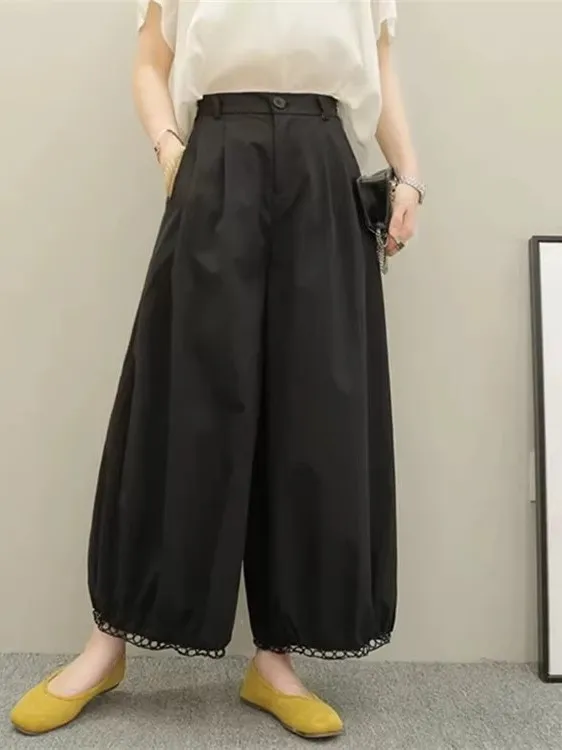 

Широкие брюки с высокой талией, свободные тонкие повседневные брюки с кружевными деталями для женщин больших размеров, художественная летняя кроватка для поездок на работу...