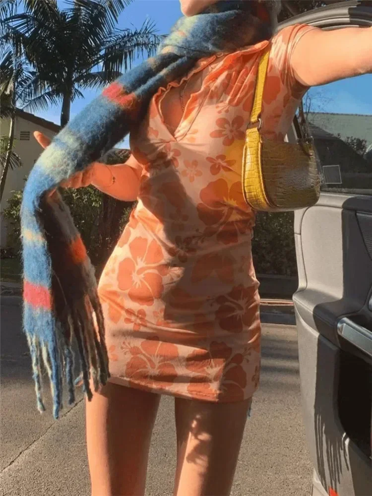 Summer  Women's Sexy V-Neck Stitching Print Slim Shirt Skirt Sweet Super Short Dress