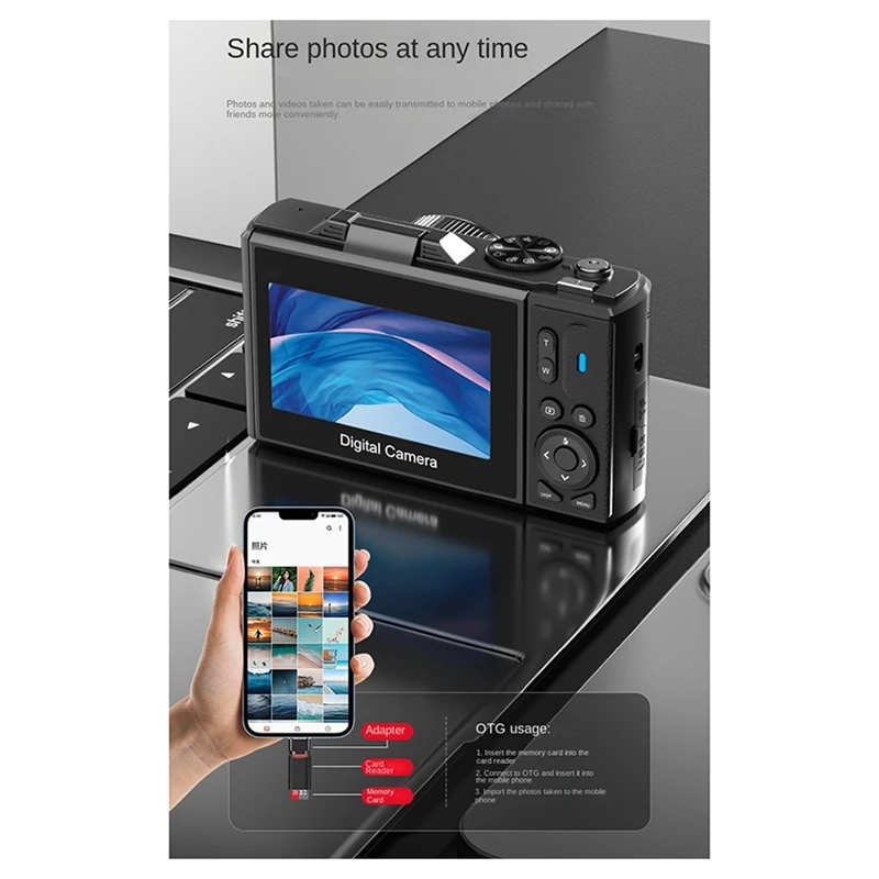 64MP Digital Camera For Photography 4K Video Vlog Camcorder 18X Digital Zoom Camera 180° Flip Screen Easy To Use Black