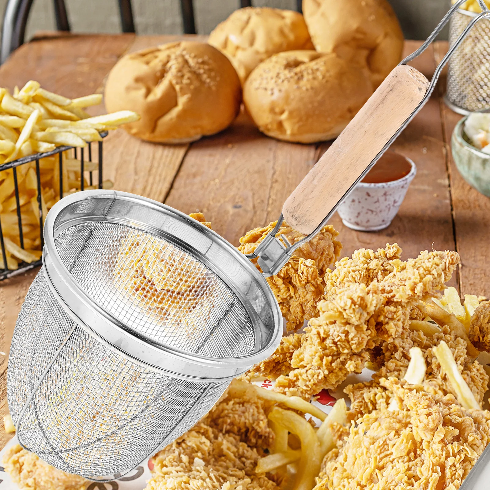 

2pcs Stainless Steel Strainer Mesh HandleBurns Easy Clean Noodle Fry Oil Restaurant Kitchen Tool Basket