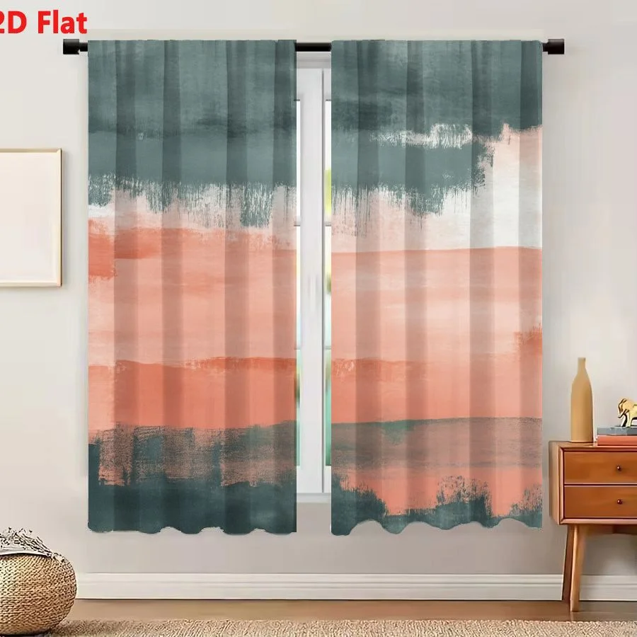 2Pcs Curtains 2D Flat Abstract Artwork Featuring Horizontal Brushstrokes With Charcoal Gray Slate Blue And Dusty Coral Pink Hues