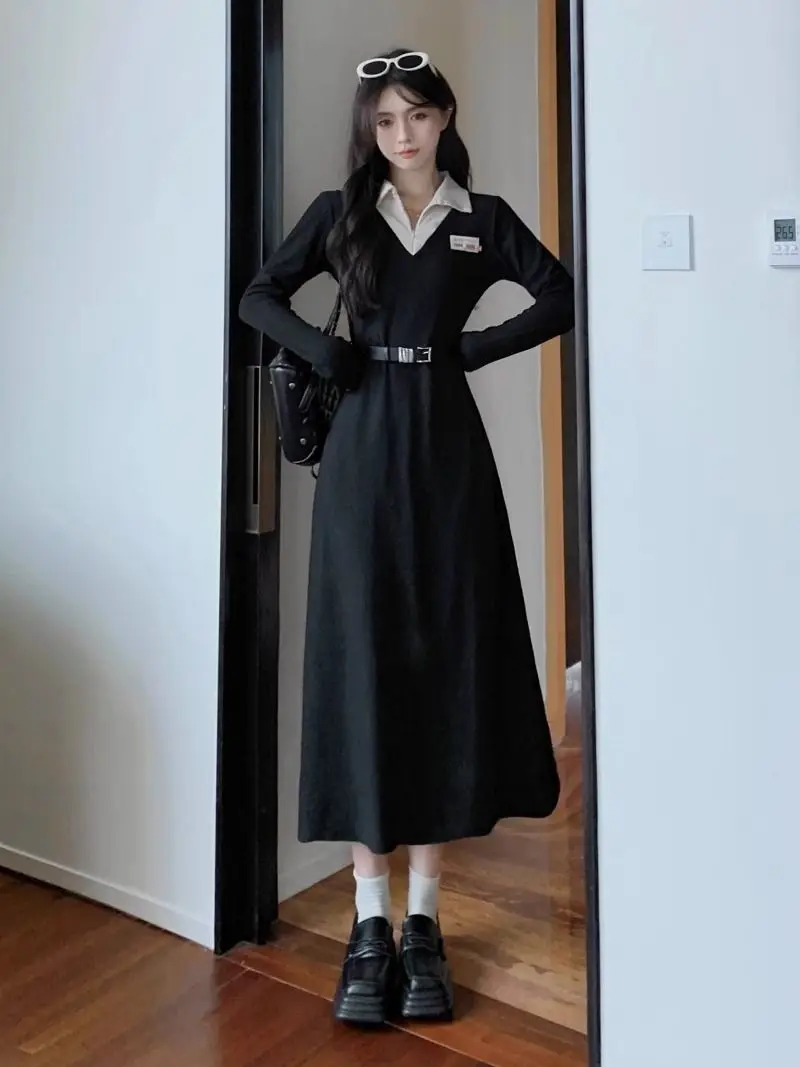 Large Size POLO Collar Zipper Black Base Long Skirt Fat Mm Korean Drama Female Lead Waist Cinching Slimming Long Sleeved Dress