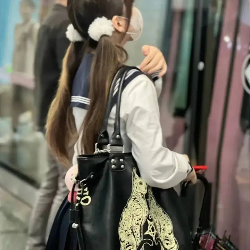 Bloom Large Capacity Black Tote Bag Women High Street Lolita Gothic Leather Y2k Grunge Handbag Female Punk Dark Shoulder Bags